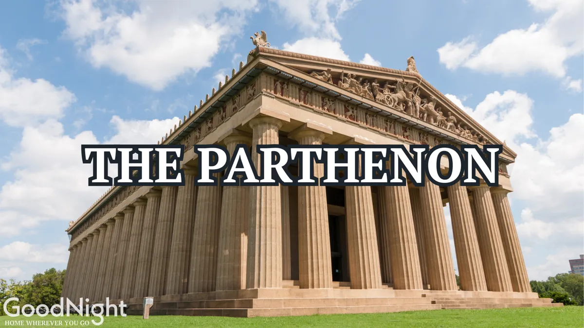 A dramatic exterior view of the Parthenon replica, bathed in golden sunlight, with its ornate columns and detailed frieze clearly visible. The scene is alive with visitors exploring the grounds and capturing photos, set against a backdrop of lush greenery and open sky.
