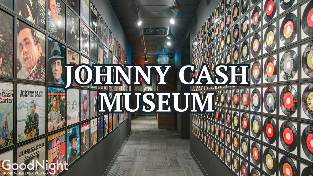 An interior shot of the Johnny Cash Museum featuring a striking record wall, museum signage, and intriguing displays of memorabilia. The ambiance is reflective and educational, inviting families to delve into music history together.